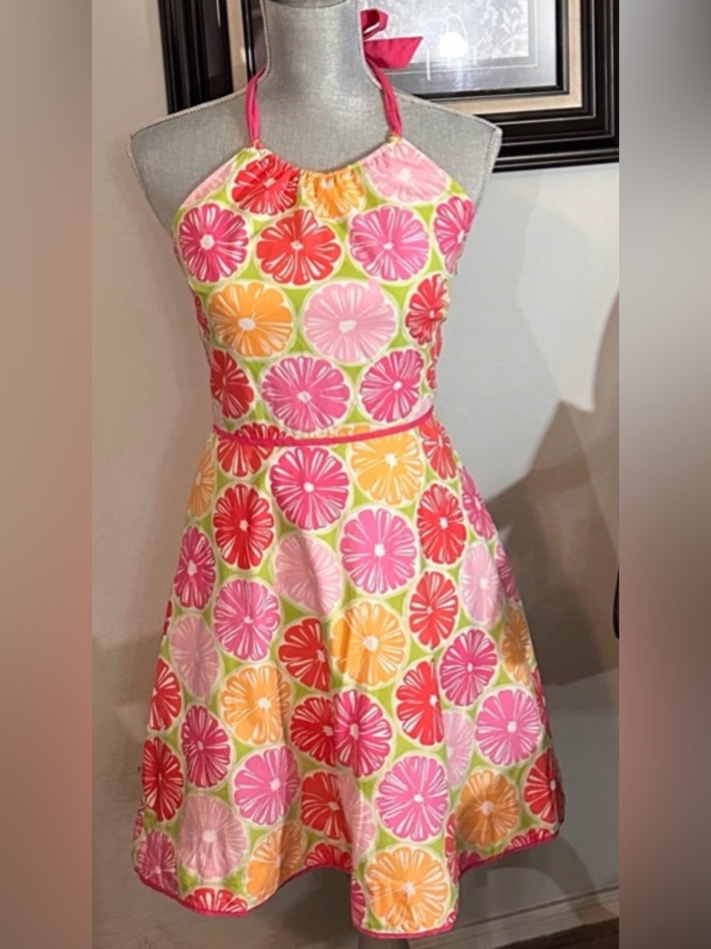 Vtg Lilly Pulitzer Citrus Slice Halter A-line Cotton Mini Sun Dress ZB9